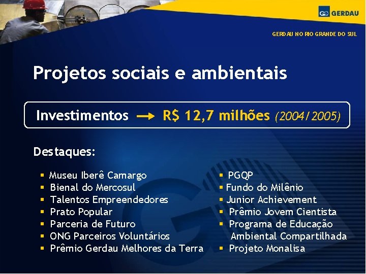 GERDAU NO RIO GRANDE DO SUL Projetos sociais e ambientais Investimentos R$ 12, 7