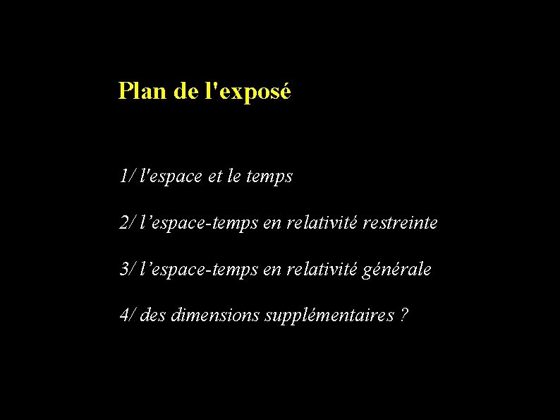 Plan de l'exposé 1/ l'espace et le temps 2/ l’espace-temps en relativité restreinte 3/