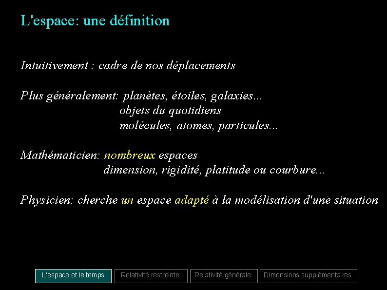 L'espace: une définition Intuitivement : cadre de nos déplacements Plus généralement: planètes, étoiles, galaxies.