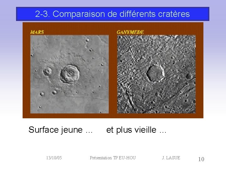 2 -3. Comparaison de différents cratères Surface jeune … 13/10/05 et plus vieille …