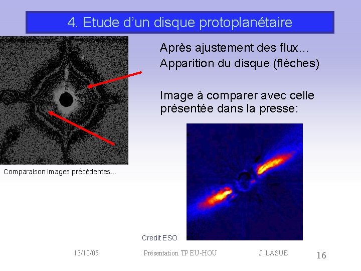 4. Etude d’un disque protoplanétaire Après ajustement des flux… Apparition du disque (flèches) Image