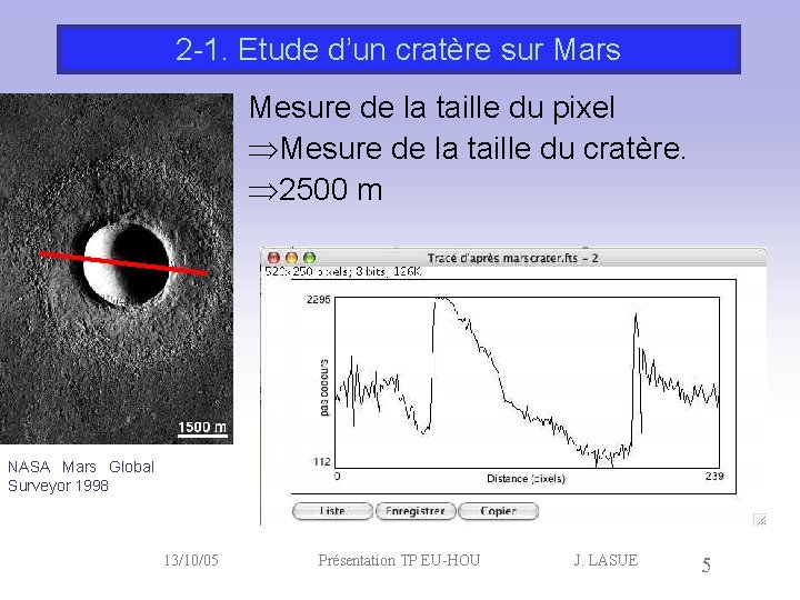 2 -1. Etude d’un cratère sur Mars Mesure de la taille du pixel Mesure