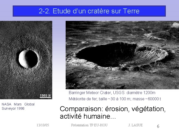 2 -2. Etude d’un cratère sur Terre Barringer Meteor Crater, USGS diamètre 1200 m