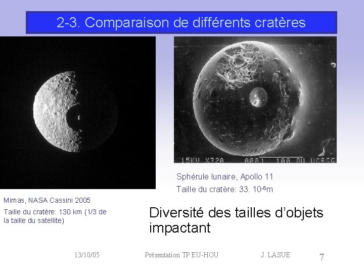 2 -3. Comparaison de différents cratères Sphérule lunaire, Apollo 11 Taille du cratère: 33.