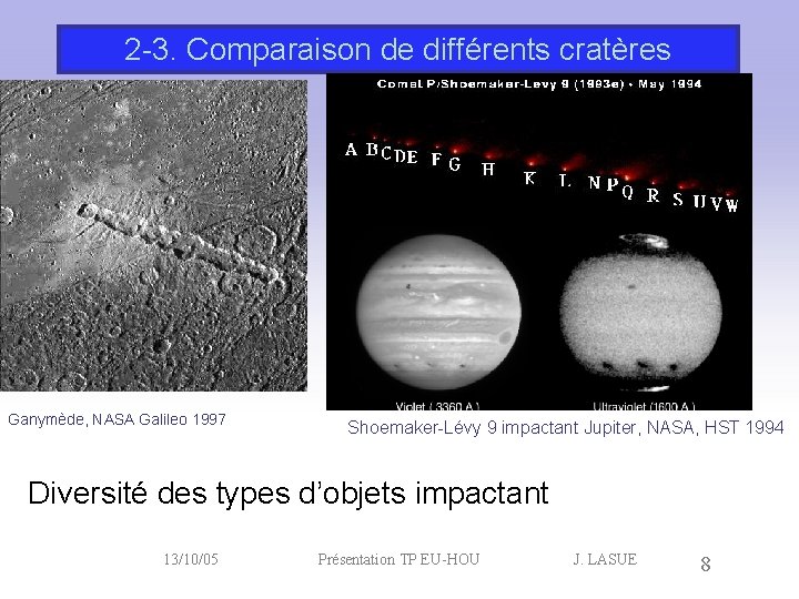 2 -3. Comparaison de différents cratères Ganymède, NASA Galileo 1997 Shoemaker-Lévy 9 impactant Jupiter,