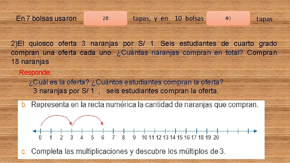 En 7 bolsas usaron 28 tapas, y en 10 bolsas 40 tapas 2)El quiosco