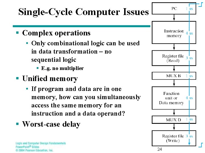 Single-Cycle Computer Issues § Complex operations • Only combinational logic can be used in