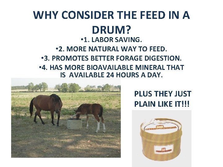 WHY CONSIDER THE FEED IN A DRUM? • 1. LABOR SAVING. • 2. MORE