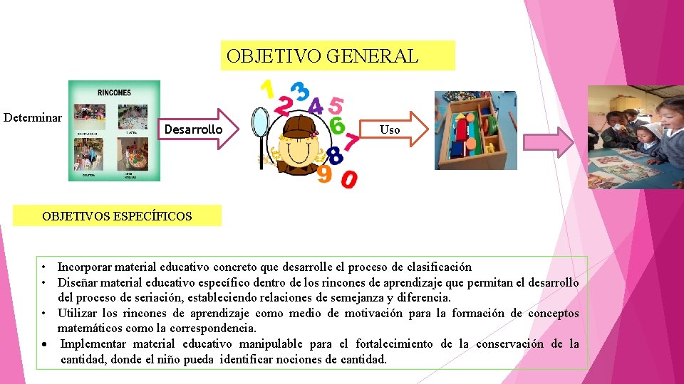 OBJETIVO GENERAL Determinar Desarrollo Uso OBJETIVOS ESPECÍFICOS • Incorporar material educativo concreto que desarrolle