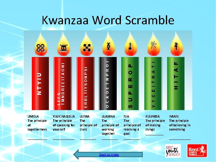 UMOJA The principle of togetherness KUJICHAGULIA The principle of speaking for yourself UJIMA The