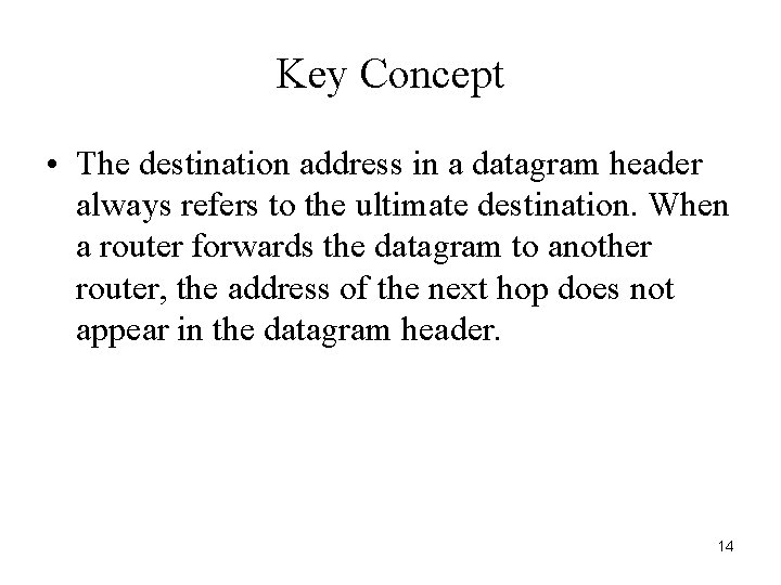 Key Concept • The destination address in a datagram header always refers to the