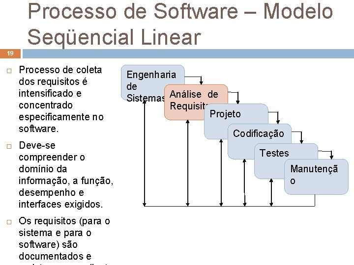 Processo de Software – Modelo Seqüencial Linear 19 Processo de coleta dos requisitos é Processo de Software – Modelo Seqüencial Linear 19 Processo de coleta dos requisitos é