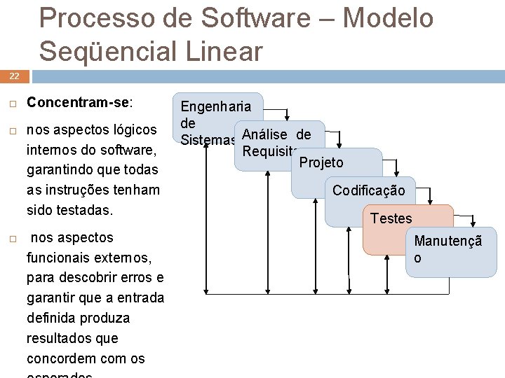 Processo de Software – Modelo Seqüencial Linear 22 Concentram-se: nos aspectos lógicos internos do Processo de Software – Modelo Seqüencial Linear 22 Concentram-se: nos aspectos lógicos internos do