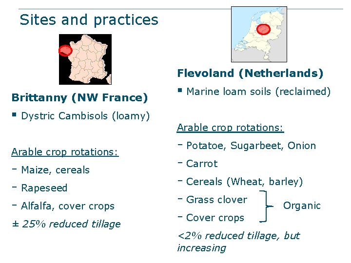 Sites and practices Flevoland (Netherlands) Brittanny (NW France) § Dystric Cambisols (loamy) Arable crop