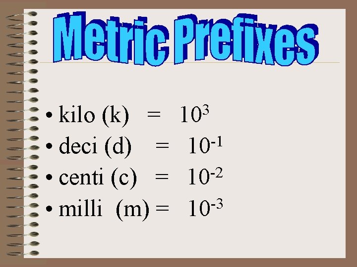  • kilo (k) = • deci (d) = • centi (c) = •