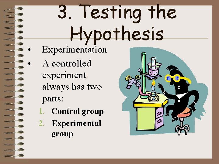  • • 3. Testing the Hypothesis Experimentation A controlled experiment always has two