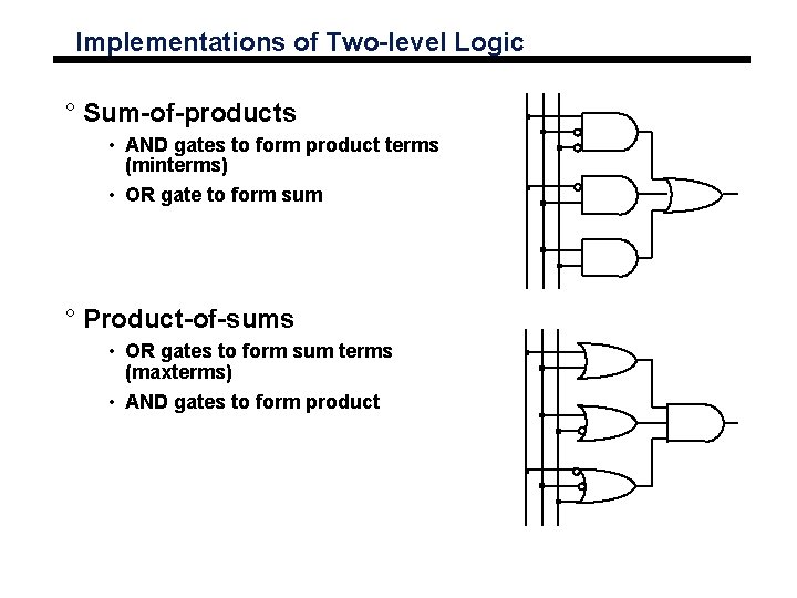 Implementations of Two-level Logic ° Sum-of-products • AND gates to form product terms (minterms)