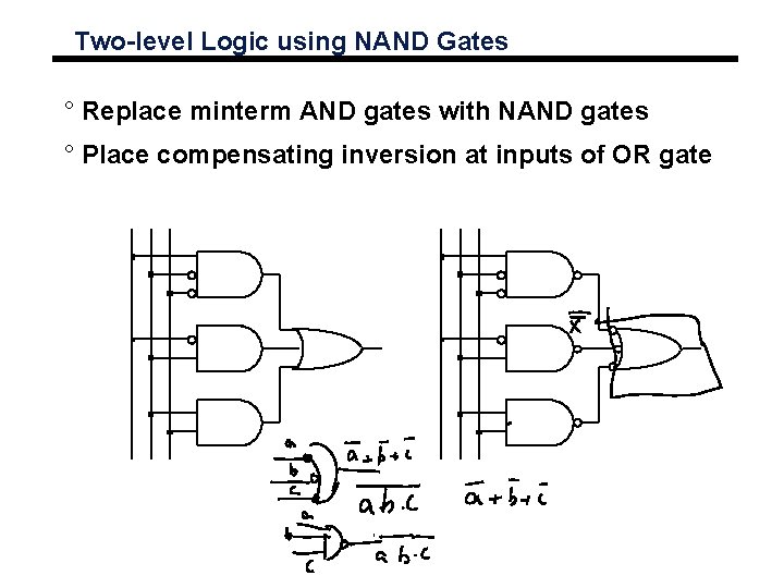 Two-level Logic using NAND Gates ° Replace minterm AND gates with NAND gates °