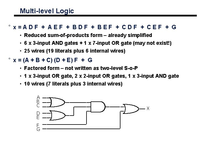 Multi-level Logic ° x = A D F + A E F + B