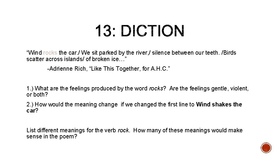 “Wind rocks the car. / We sit parked by the river, / silence between