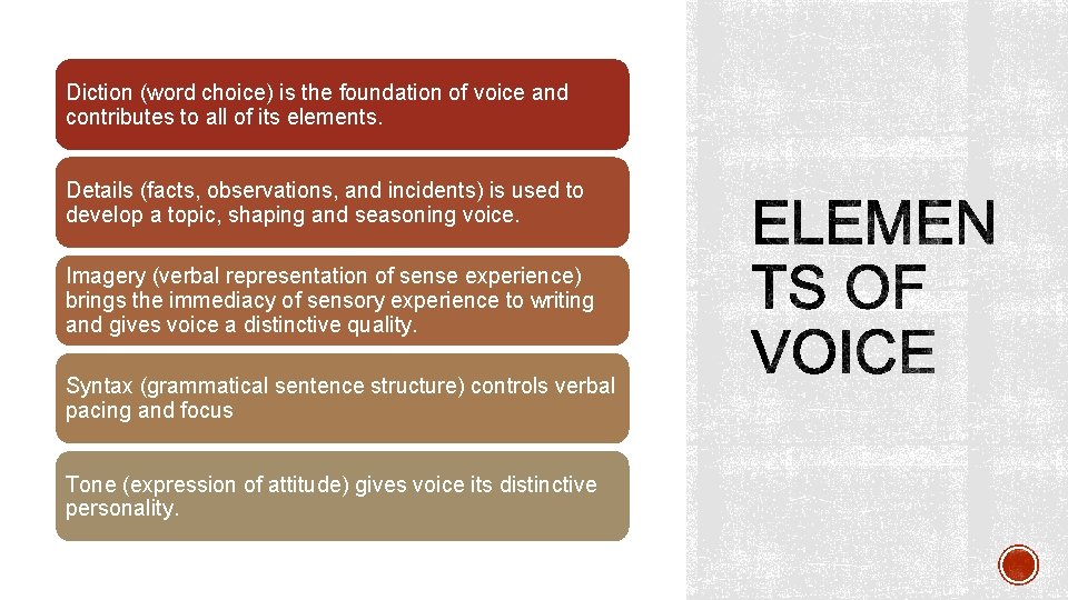 Diction (word choice) is the foundation of voice and contributes to all of its