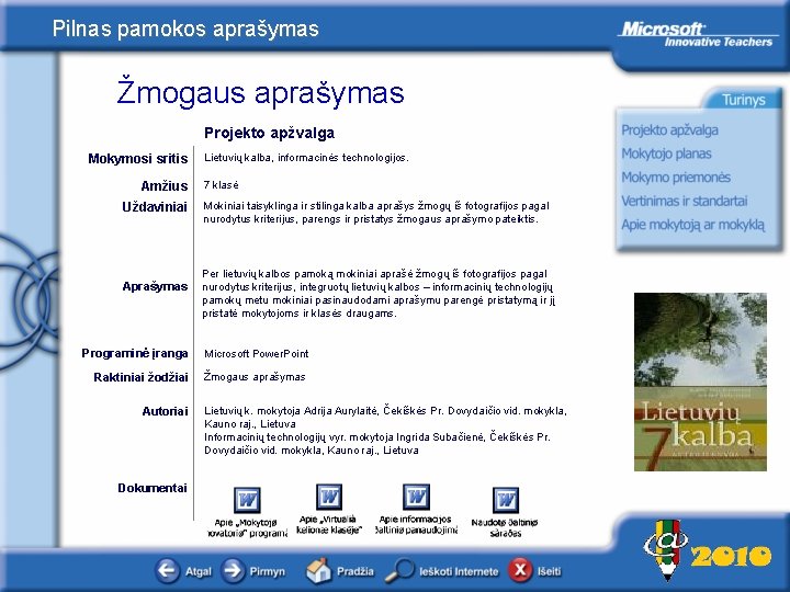 Pilnas pamokos aprašymas Žmogaus aprašymas Projekto apžvalga Mokymosi sritis Amžius Uždaviniai Aprašymas Lietuvių kalba,