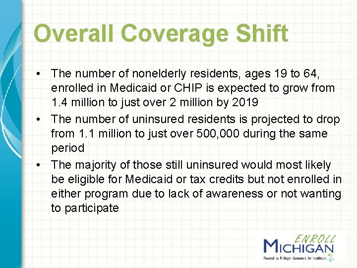 Overall Coverage Shift • The number of nonelderly residents, ages 19 to 64, enrolled