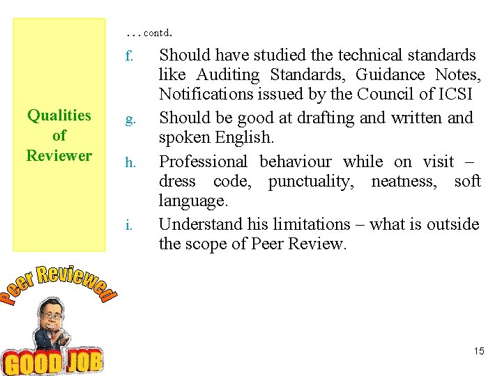 Qualities of Reviewer …contd. f. Should have studied the technical standards like Auditing Standards,
