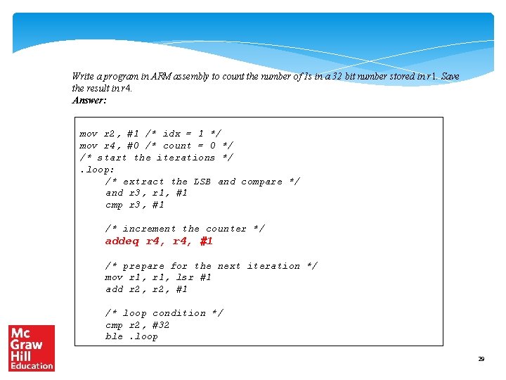 Write a program in ARM assembly to count the number of 1 s in