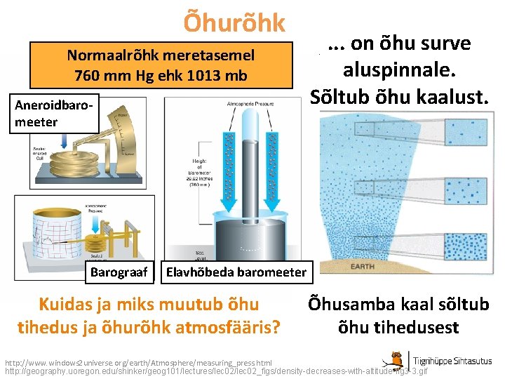 Õhurõhk Normaalrõhk meretasemel 760 mm Hg ehk 1013 mb Aneroidbaromeeter Barograaf . . .