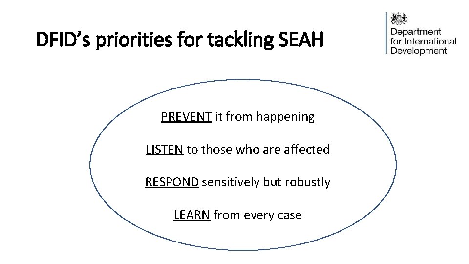 DFID’s priorities for tackling SEAH PREVENT it from happening LISTEN to those who are