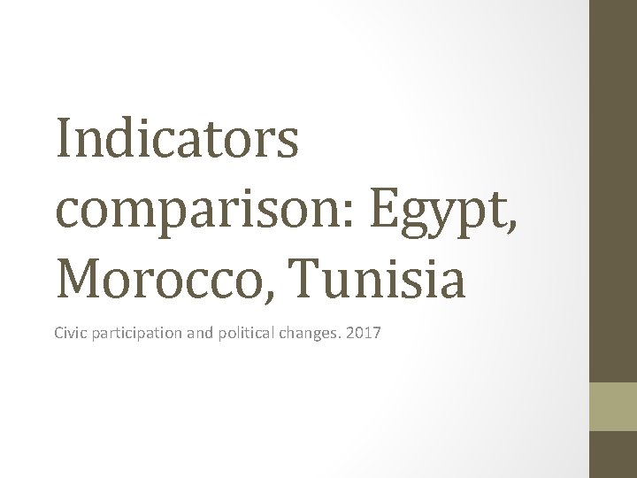 Indicators comparison: Egypt, Morocco, Tunisia Civic participation and political changes. 2017 