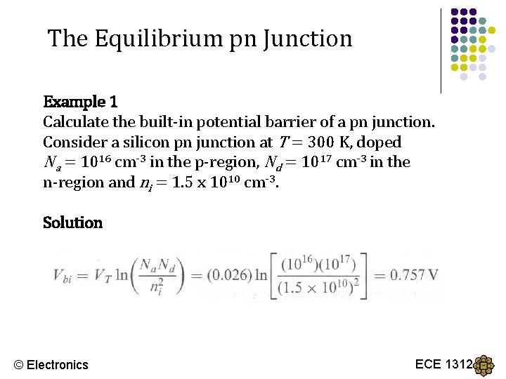 The Equilibrium pn Junction Example 1 Calculate the built-in potential barrier of a pn