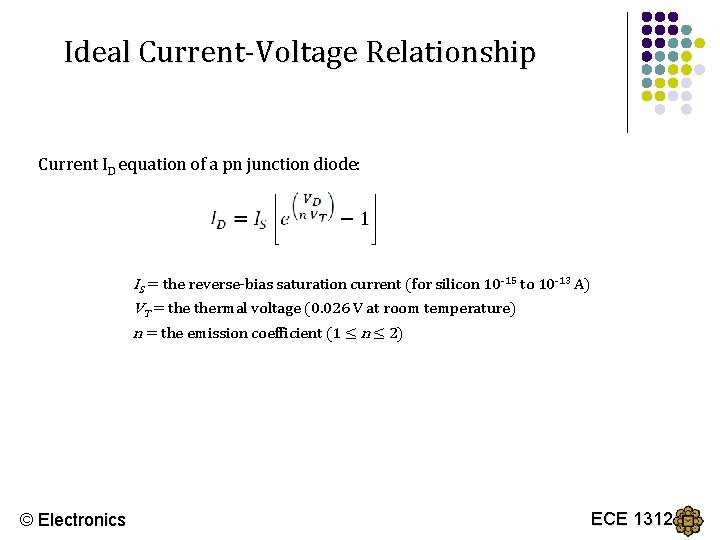 Ideal Current-Voltage Relationship Current ID equation of a pn junction diode: IS = the