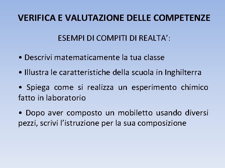 VERIFICA E VALUTAZIONE DELLE COMPETENZE ESEMPI DI COMPITI DI REALTA’: • Descrivi matematicamente la