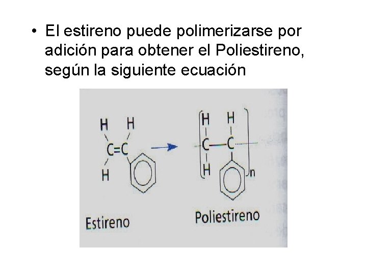  • El estireno puede polimerizarse por adición para obtener el Poliestireno, según la