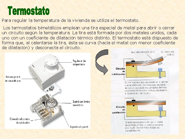 Para regular la temperatura de la vivienda se utiliza el termostato. Los termostatos bimetálicos