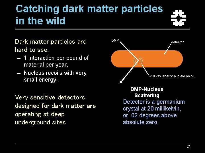 Catching dark matter particles in the wild Dark matter particles are hard to see. Catching dark matter particles in the wild Dark matter particles are hard to see.
