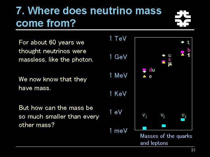 7. Where does neutrino mass come from? For about 60 years we thought neutrinos