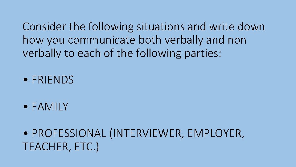 Consider the following situations and write down how you communicate both verbally and non