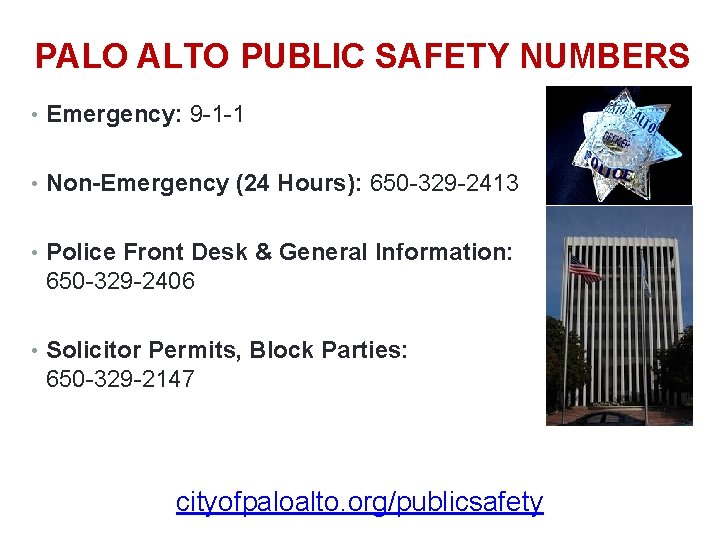 PALO ALTO PUBLIC SAFETY NUMBERS • Emergency: 9 -1 -1 • Non-Emergency (24 Hours):