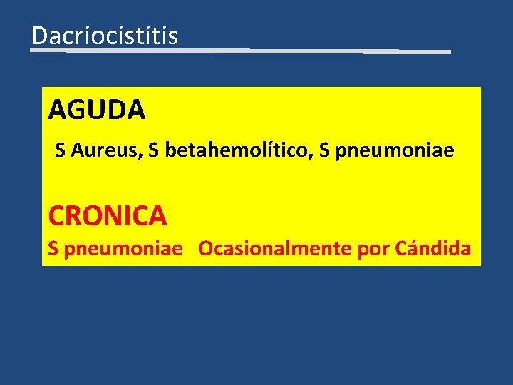 Dacriocistitis AGUDA S Aureus, S betahemolítico, S pneumoniae CRONICA S pneumoniae Ocasionalmente por Cándida