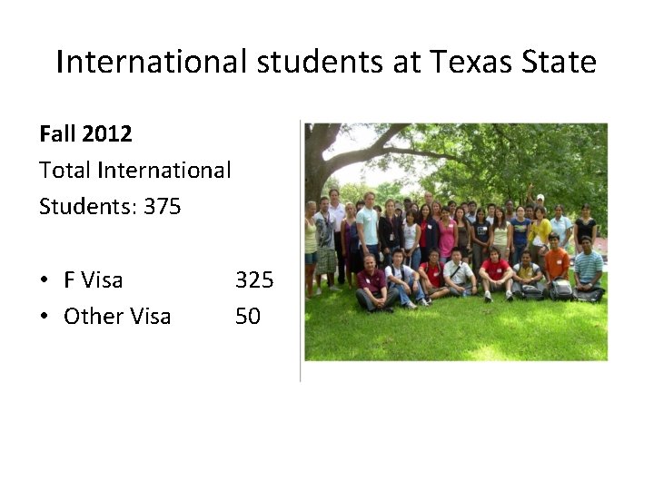 International students at Texas State Fall 2012 Total International Students: 375 • F Visa