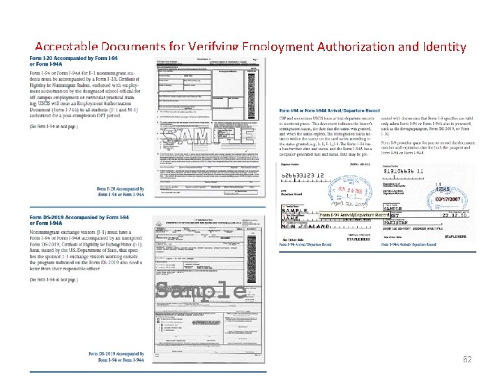 Acceptable Documents for Verifying Employment Authorization and Identity 62 