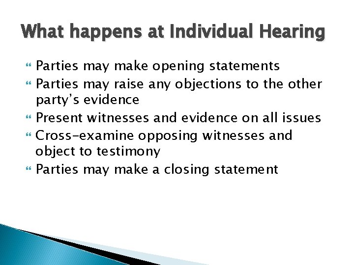 What happens at Individual Hearing Parties may make opening statements Parties may raise any