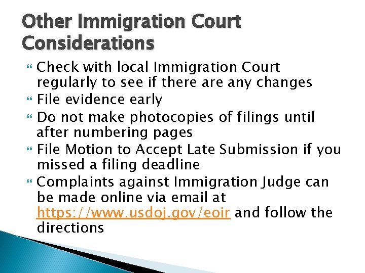 Other Immigration Court Considerations Check with local Immigration Court regularly to see if there