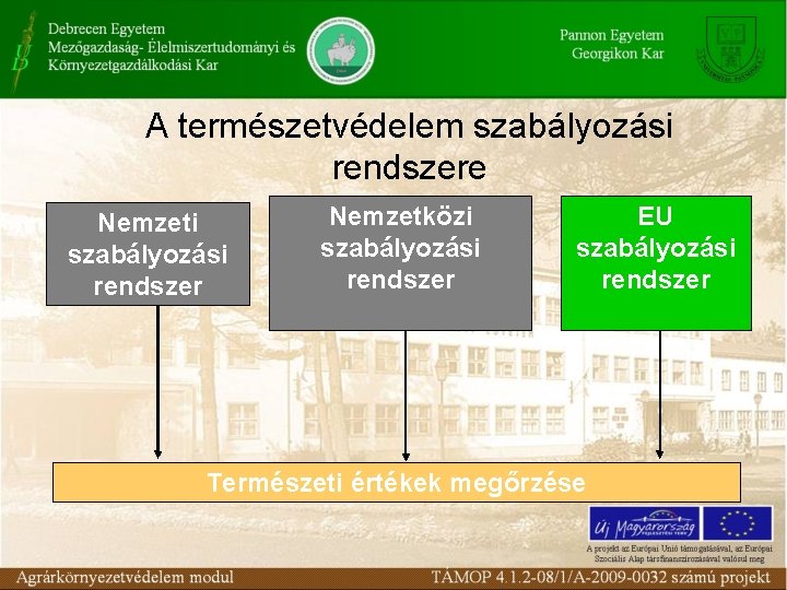 A természetvédelem szabályozási rendszere Nemzeti szabályozási rendszer Nemzetközi szabályozási rendszer EU szabályozási rendszer Természeti