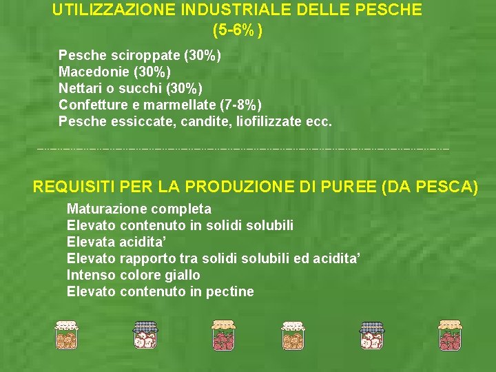 UTILIZZAZIONE INDUSTRIALE DELLE PESCHE (5 -6%) Pesche sciroppate (30%) Macedonie (30%) Nettari o succhi UTILIZZAZIONE INDUSTRIALE DELLE PESCHE (5 -6%) Pesche sciroppate (30%) Macedonie (30%) Nettari o succhi