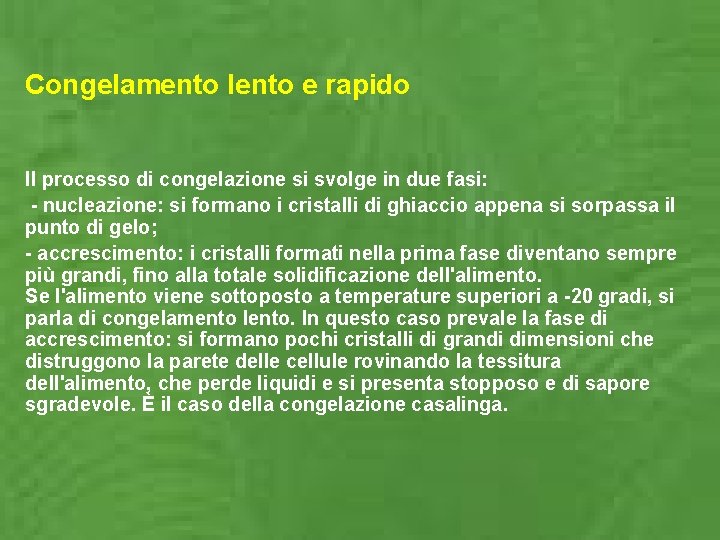 Congelamento lento e rapido Il processo di congelazione si svolge in due fasi: -