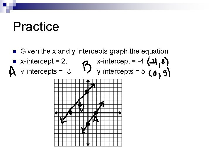 Practice n n Given the x and y intercepts graph the equation x-intercept =